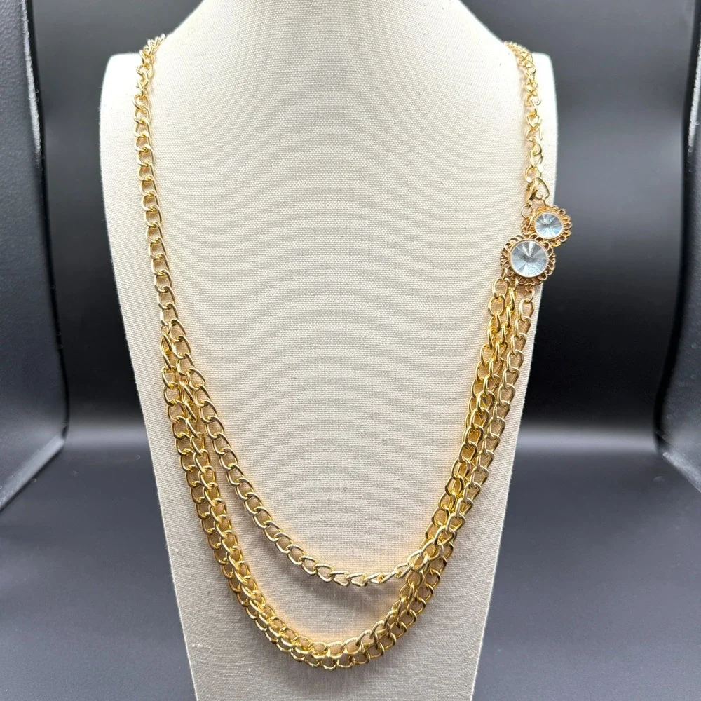 Gold Tone Triple Strand Chain Necklace Clear Rhinestone Statement Layered Boho